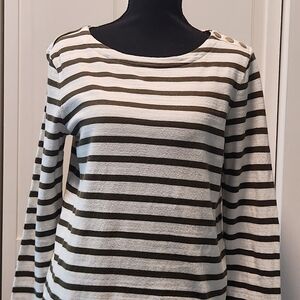 LOFT Striped Boatneck Long-Sleeve Top in White and Olive